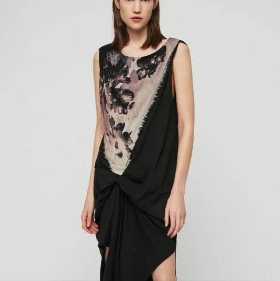 Allsaints Riviera Flora Gathered Dress - Black Size M - Picture 1 of 8